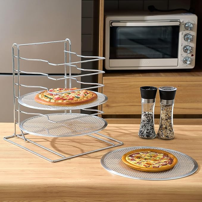 Zhehao Pizza Rack 6 Tiered Stand 13.4'' H x 12'' L x 12'' W and 6 Pcs 12'' Pans with Holes Aluminum Baking Set for Easy Storage and Baking Multiple Pizzas