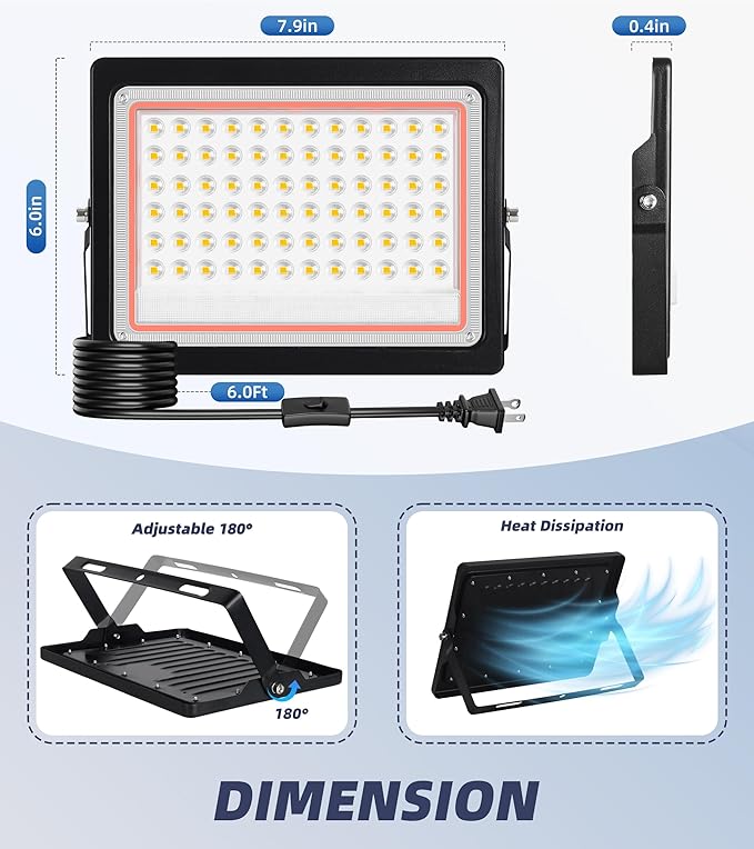 60W Flood Light Outdoor with Plug 7200LM Exterior Security Lights with 6ft Cable 5000K Daylight White LED Work Light IP66 Waterproof Exterior Floodlight for Yard Garage Stadium Garden patio 2 Pack
