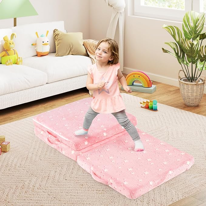 Costzon Foldable Pink Floor Mattress for Kids Glow in The Dark Toddler Floor Nap Mat w/Flannel Cover Tri-Folding Children Floor Bed for Sleeping Daycare Playroom School Kindergarten or Nursery
