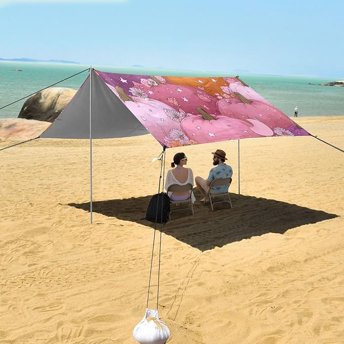 Bolaz Beach Canopy Tent Sun Shade9'×10.5' Large Family Beach Shade UPF50+- Outdoor Shade for Camping Trips FishingPumpkin Flower Star Pattern