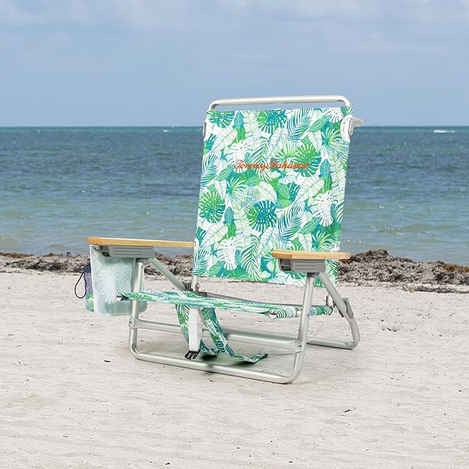Tommy Bahama 2-Pack 5-Position Classic Lay Flat Backpack Beach Chair with Cooler and Cup Holder Portable Folding Beach Chair for Tanning Tropical Leaves