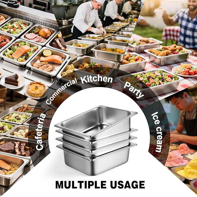 West Bay 4 Pack 1/2 Half Size Hotel Pan with Lids 4'' Deep Steam Table Pan with Lid 12.8''L x 10.4''W Stainless Steel Pans for Home Party Hotel Buffet
