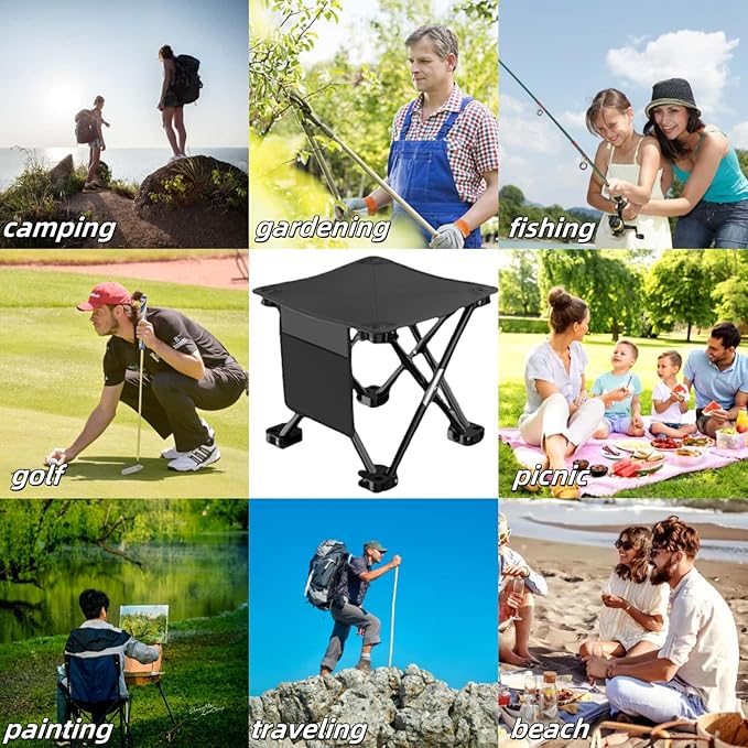 2 Pack 13 Inch Portable Camping Stool(Black)Collapsible Stool with Carry Bag Convenient for Travel BBQFishing Hiking Outdoor Folding Stool with a Non-Slip seat Cushion (Cotton lint)