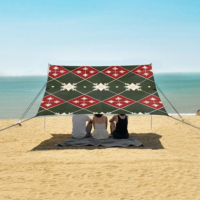 Beach Tent Sun Shelter Christmas Red-Green Lattice Lightweight &amp Easy Setup Beach Shade Canopy for Camping Fishing