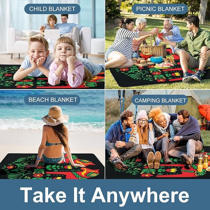Swedish Dala Horse Folk Seamless Pattern Waterproof Outdoor Picnic Blanket Sandproof Beach Mat for Camping Hiking Grass Travelling