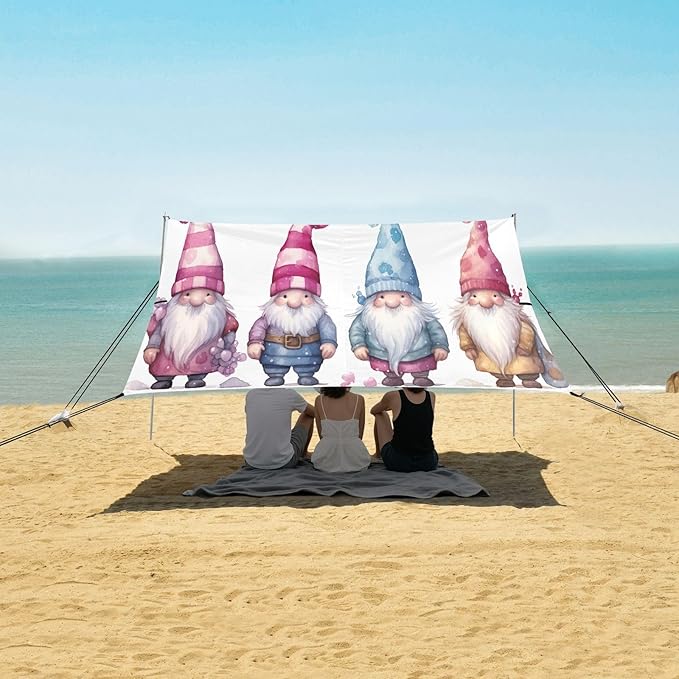 Cute Gnomes Beach Tent Sun Shelter 9.2' x 10.5' Beach Canopy with 4 Sandbags 4 Stability Poles Sand Shovels - Tent Canopy for Beach Camping Fishing Picnics