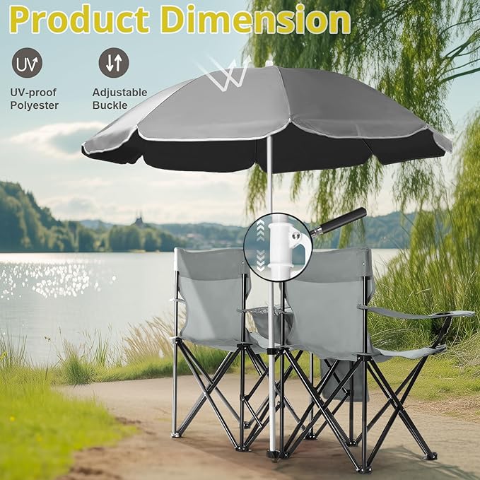 Portable 2-Seat Folding Chair with Removable Sun Umbrella Outdoor Lounge Chair for Fishing Camping Beach Grey