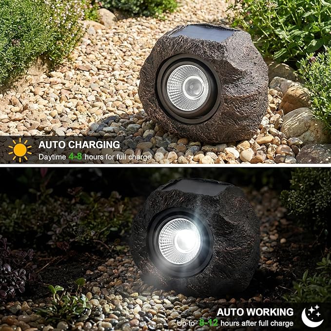 Solar Rock Lights Outdoor – 2 Pack Waterproof LED Landscape Garden Spotlights Realistic Stone Design Wireless Solar Powered Pathway Lights for Yard Walkway Patio &amp Lawn Decoration (Auto On/Off