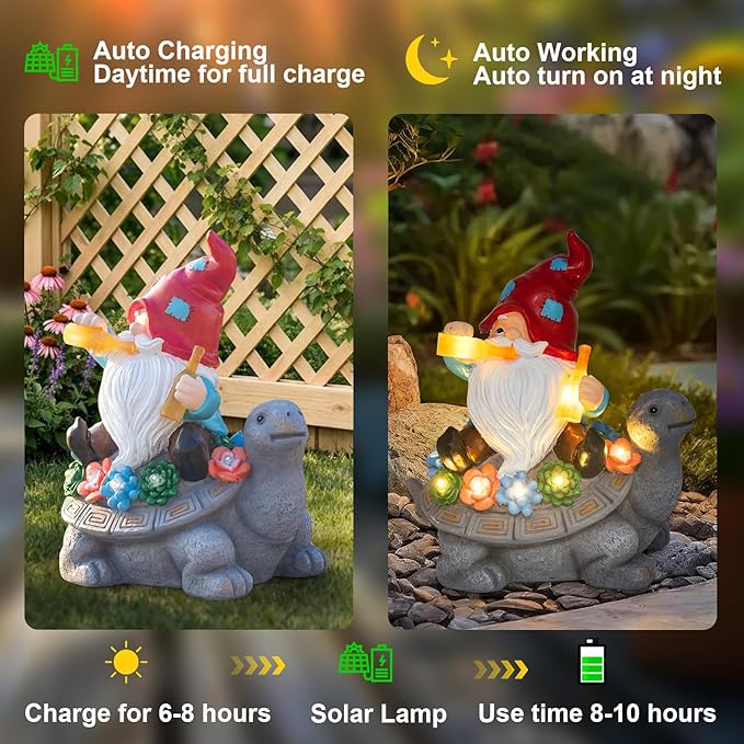 Gnome Garden Decor Statue with Solar Light Lantern Turtle with Succulent Birthday Gifts for Women Mom Grandma Funny Waterproof Resin Figurine Outdoor Decorations for Yard Patio Lawn Balcony Porch