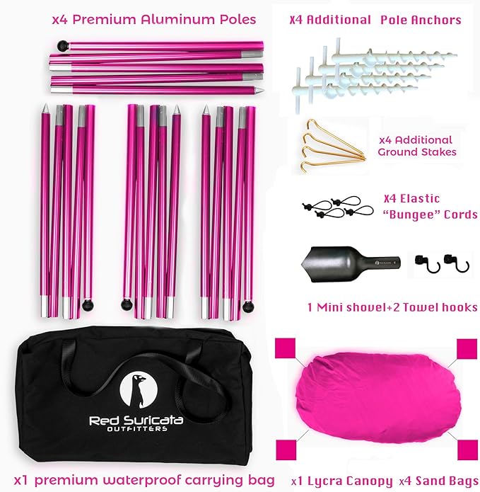 Red Suricata Family Beach Parasol - Sun Shade Canopy | UPF 50 UV Protection | Tent with 4 Aluminium Poles 4 Pole Anchors 4 Sandbag Anchors | Large &amp Portable Shelter Tarp