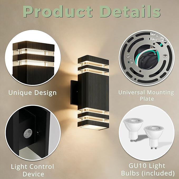 Dusk to Dawn Outdoor LightingSquare Aluminum Up and Down Exterior Lighting Fixtures Wall Mount with 2 * 7W LED Bulbs 3000K Waterproof Outdoor Wall Lights for House Porch Patio Garage Black
