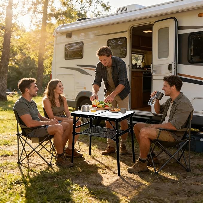 Small Folding Camping Table 2ft Portable Table with 3 Adjustable Heights Aluminum Lightweight Foldable Picnic Table with Mesh Layer and Extension Legs for RV Camp and Indoor (Black Frame)