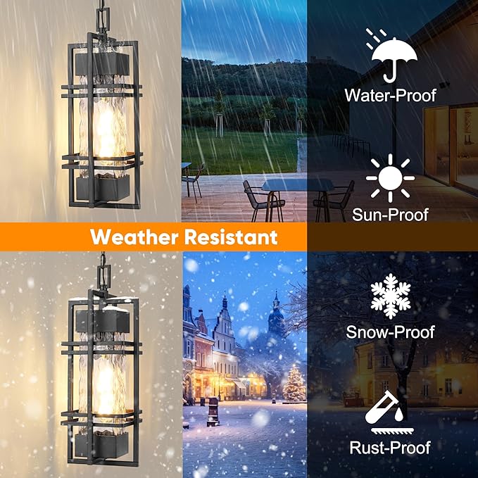 WIHTU Large Outdoor Pendant Light Fixture Modern Hanging Lantern Ceiling Mount Anit-Rust Waterproof Chandelier Lighting Exterior with Stone Bubble Glass for Porch Garage Gazebo Patio