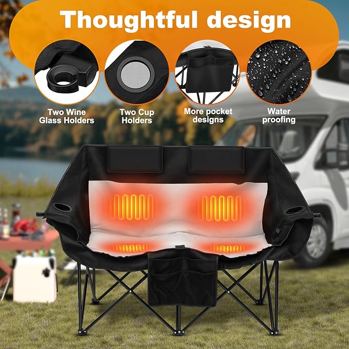 Heated Double Camping Chair with 2 20000mAh Battery Pack 2 Control Switches 2-Person Loveseat 550 lbs for Outdoor Sports Picnics Rugby Match Lawn. Make Your Autumn and Winter Warmer