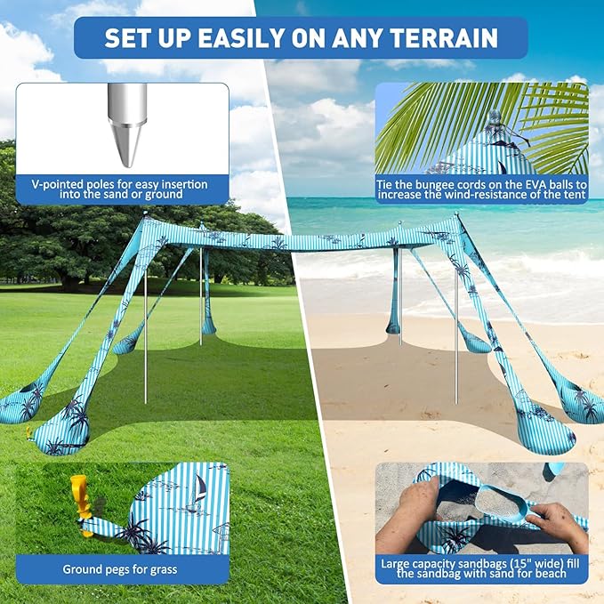 Beach Tent Sun Shelter 10x10ft Beach Canopy Easy Pop Up Sun Shade Portable UPF50+ with 8 Sandbags-2 Sand Shovel-4 Aluminum Poles-Ground Pegs for Outdoor Family Camping Fishing Backyard Picnic