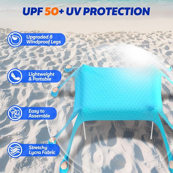 FAHKNS Beach Tent Camping Sun Shade UPF50+ with 8 Sandbags Sand Shovel Ground Spikes and Stabilizer Poles 10x10ft Beach Sunshade Beach Tent for Camping Backyard Entertainment (Light Green)