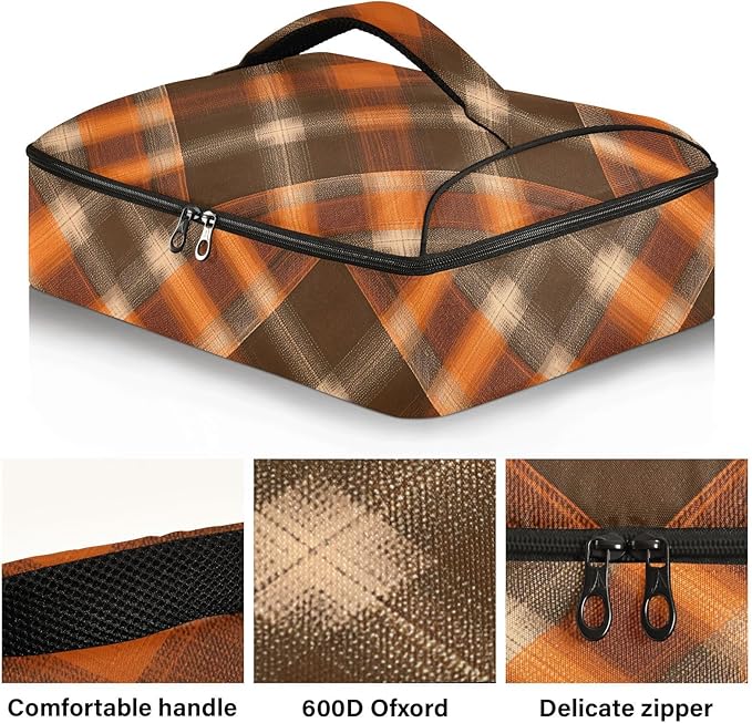 Casserole Carrier Orangeand Brown Tartan Plaid Insulated Casserole Carrier for Hot or Cold Food Thermal Lunch Tote for Parties Picnic Travel Carry Bag