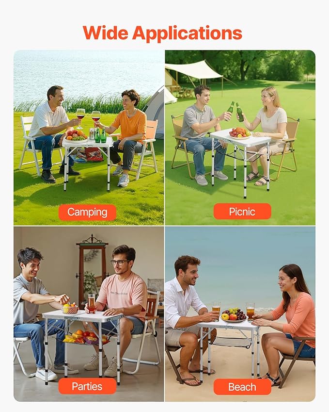VEVOR Folding Camping Table Adjustable Height Aluminum MDF Outdoor Portable Lightweight for Cooking Beach Picnic Travel 24 x 16 inch