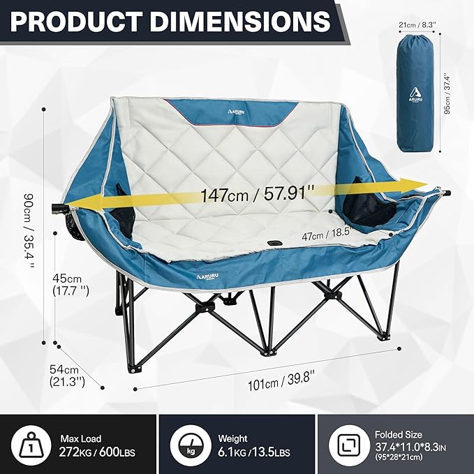 Double Camping Chair Padded Oversized Camping Loveseat for Adults 2 Person Couch Two Seat Support 600LBS Heavy Duty Folding Camp Lawns Chairs for Outdoor Beach Backyard Tailgating Sports