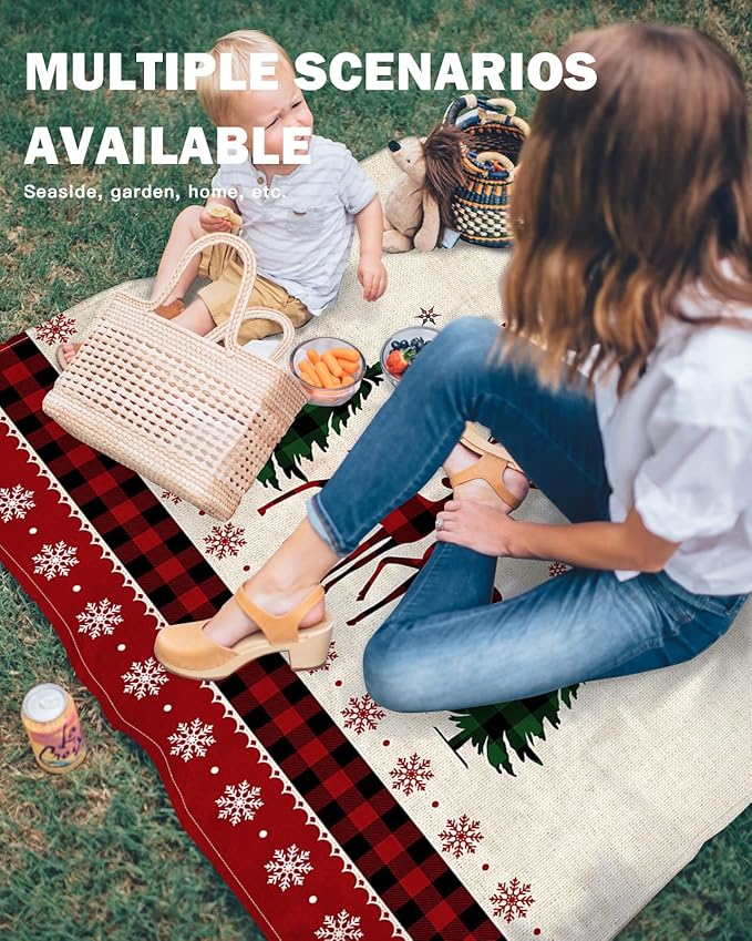 Beach Blanket Waterproof Sandproof Ethnic Winter Deer Christmas Trees Quick Drying Beach Mat with 4 Stakes Winter Snowflake on Linen Lightweight Picnic Blanket for Travel Camping Outdoor 83x79