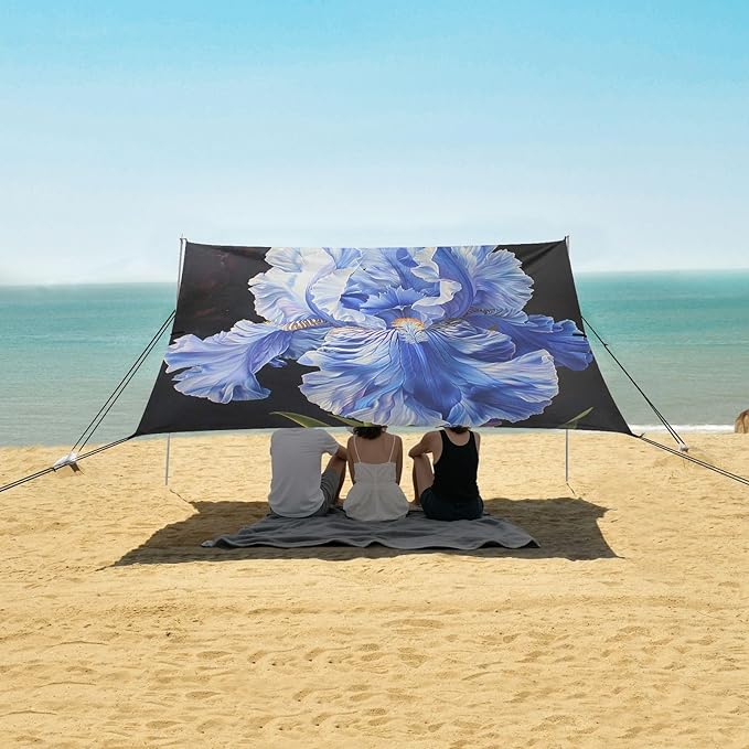 ALAZA Blue Iris Flower Painting Beach Tent Sun Shelter UPF50+ Protection Beach Shade Canopy w/ 4 Sandbags for Outdoor Camping Fishing Backyard Fun Picnic 10x9 ft