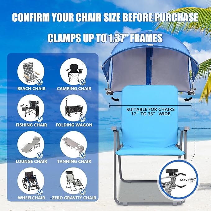 XL Universal Chair Canopy Umbrella UPF 50+ Foldable Sun Shade Attachment with Adjustable Clamp Fits Most Brands’ Beach Camping Lawn Tanning Zero Gravity Lounge &amp Fishing Chairs