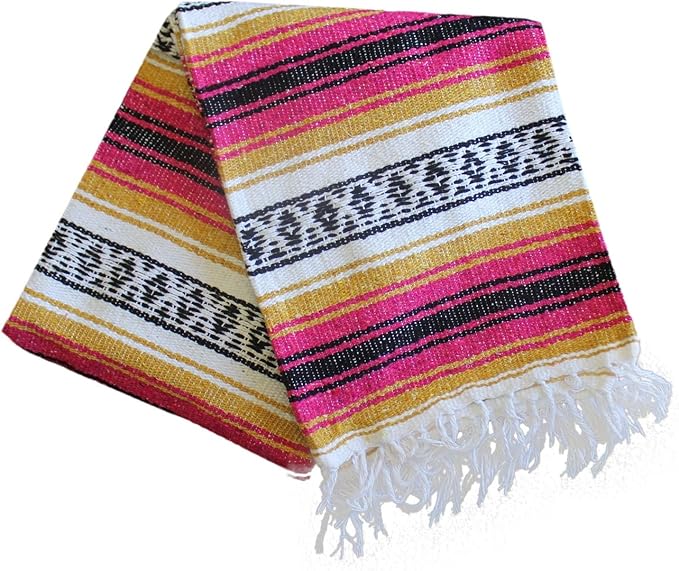 Del Mex Classic Mexican Blanket Large Authentic Woven Falsa Throw (70x50) Artisan Southwest Décor for Beach Yoga Outdoors (Gold/Fuchsia)