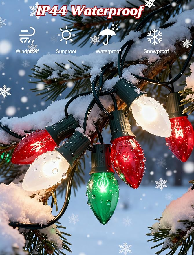 25FT C9 Christmas Lights OutdoorRed White Green Christmas Lights with 26 Bulbs(1 Spare)C9/ E17 BaseVintage Colored String Light for Garden Yard Party Xmas Tree Decorations