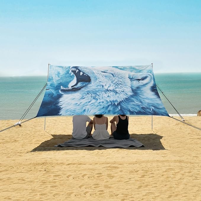 ALAZA Ice Wolf Howling Beach Tent Sun Shelter UPF50+ Protection Beach Shade Canopy w/ 4 Sandbags for Outdoor Camping Fishing Backyard Fun Picnic 10x9 ft