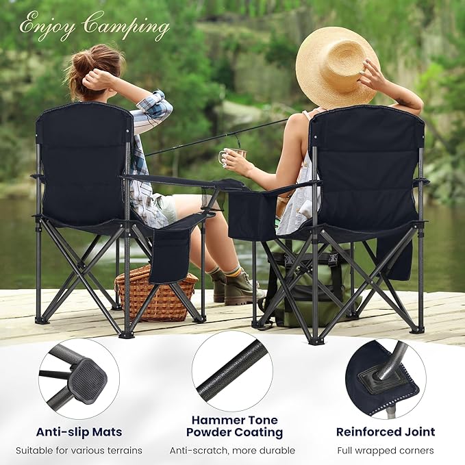 HIGH POINT SPORTS Oversized Camping Folding Chair Heavy Duty Portable Outdoor Chair Foldable Camp Chair with Cup Holder and Cooler Bag Support 450 LBS 2 Pack Green