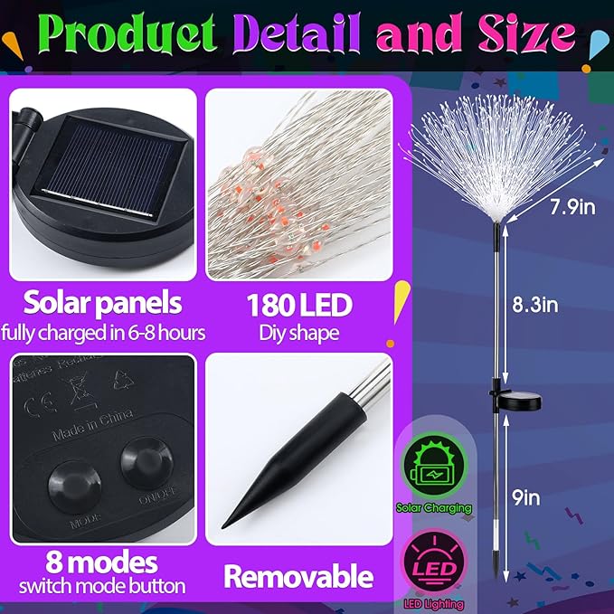 4th of July Decorations Outdoor 4 Pack Colored Solar Firework Lights with 180 LED Patriotic Solar Lights 8 Lighting Modes for Yard Pathway Garden Patio Party Decorations(Green Yellow Purple)