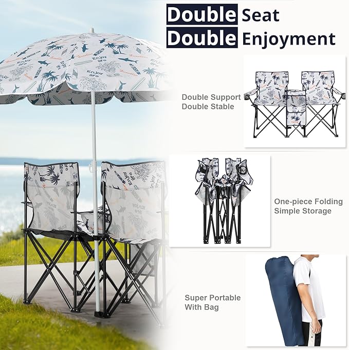Double Folding Camping Chair W/Umbrella Fold Up Table Beverage Holder Carrying Bag Cooler for Patio Pool Park Outdoor Beach Picnic Portable (Coconut)