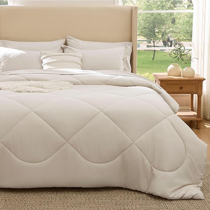 Bedsure 7 Pieces King Comforter Set Premium Series Hotel Luxury Soft Bed in a Bag Goose Down Alternative Safe for Sensitive Skin Bedding Comforter All Season Medium Warmth Beige Wavy Quilted
