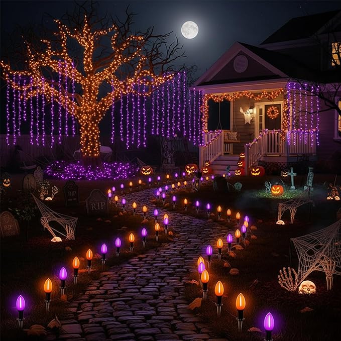 Halloween Pathway Lights 10 Pack C9 LED Stake Lights with Purple &amp Orange Bulbs 19.5ft Extendable Outdoor Walkway Lights for Garden Yard Driveway Porch &amp Sidewalk Halloween Decorations