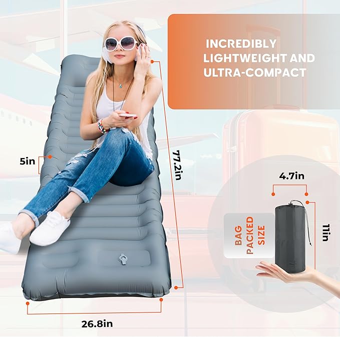Skywin Inflatable Sleeping Pads for Camping &amp Airport Travels 77 x 26 x 5 Inches Air Mattress Sleeping Bag Inflatable with 8 HeadRest Along with Pillow-Like HeadRest Camping Essentials (Grey)