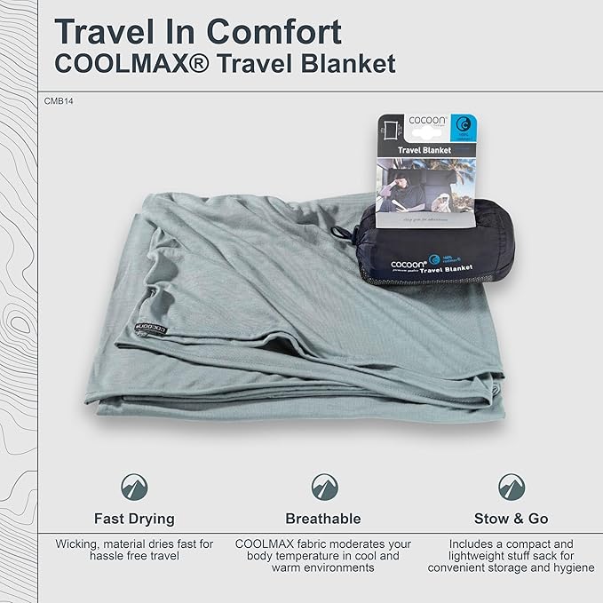 cocoon - Coolmax Travel Blanket | Compact Throw Blanket for Camping and Hiking | Fits in Backpack | Attaches to Luggage | Travel Essential | Fast Drying (Regular 70 x 55)
