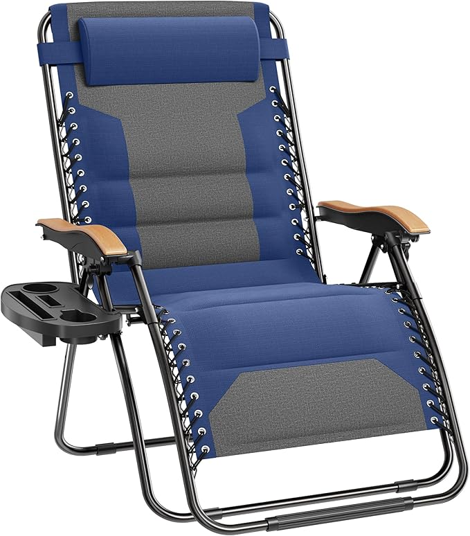 PHI VILLA XXL Oversized Padded Zero Gravity Chair Foldable Patio Recliner 30 Wide Seat Anti Gravity Lounger with Cup Holder Support 400 LBS (Thumb Blue)