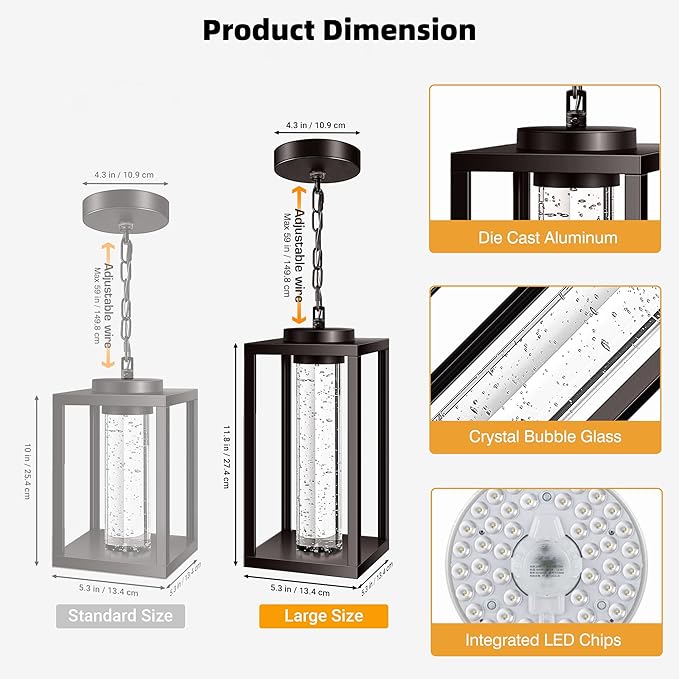 VIANIS Large Outdoor Pendant Light with Adjustable Chain 100% Aluminum Exterior Hanging Light Fixture Farmhouse Oil Rubbed Bronze Outdoor Porch Chandelier Built-in 10W LED Porch Hanging Lights