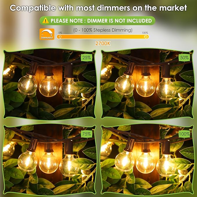 Mlambert 100Ft LED Outdoor String Lights Dimmable G40 Globe Patio Lights with 50+3 Waterproof Shatterproof Bulbs for Backyard Porch-Brown Cord 1 Pack