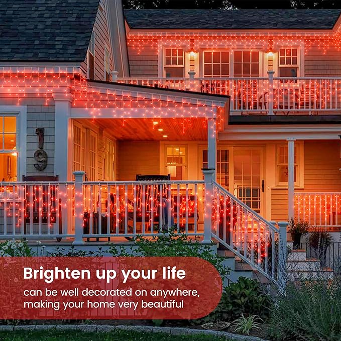 Hopolon 33FT 360L LED Icicle String Lights - Outdoor Waterproof 8 Modes With 60 Drops - Curtain Lights for Indoor/Outdoor Decorations (Red)