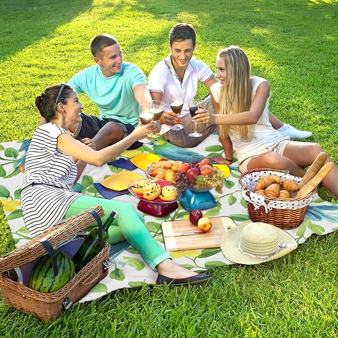 Waterproof Sandproof Beach Blanket 59''×68'' Watercolor Parrot Polyester Outdoor Picnic Blanket with 4 Stakes &amp Storage Bag for BeachCampingVacation White
