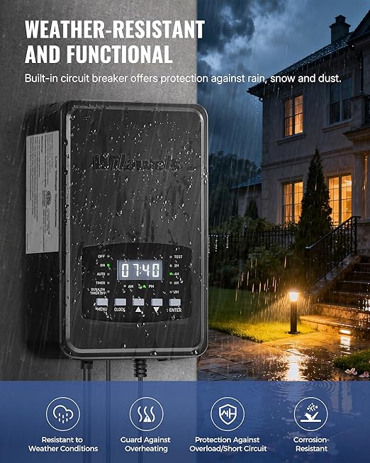 400W Low Voltage Landscape Transformer Weatherproof Outdoor Low Voltage Transformer 120V AC to 12/14V AC Landscape Lighting Transformer with Timer and Photocell Sensor ETL Listed D13LT06N1