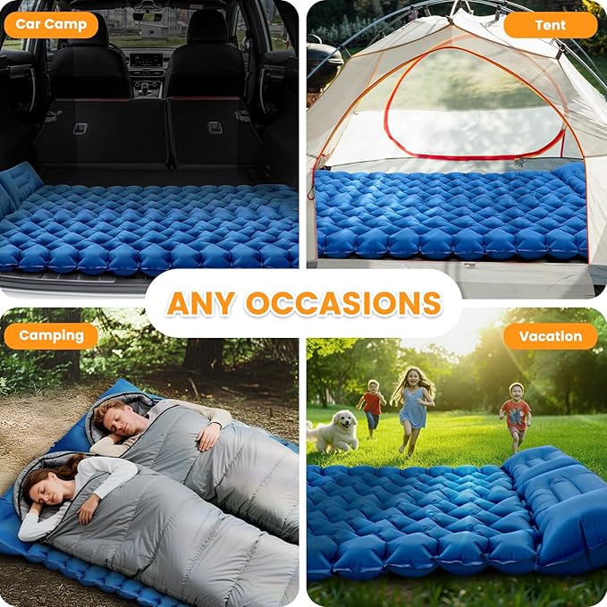 Sleeping Pad for Camping 2 Person Double Camping Pad with Built-in Foot Pump and Pillow Inflatable 4in Extra-Thick Ultralight Air Mattress for Backpacking Hiking Travel Tent Car Gift