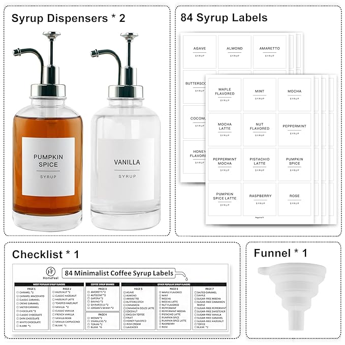 Glass Coffee Syrup Dispenser Bottles with 84 Labels (Set of 2) Coffee Pump Dispenser for Coffee Bar Accessories 16.9 oz Silver
