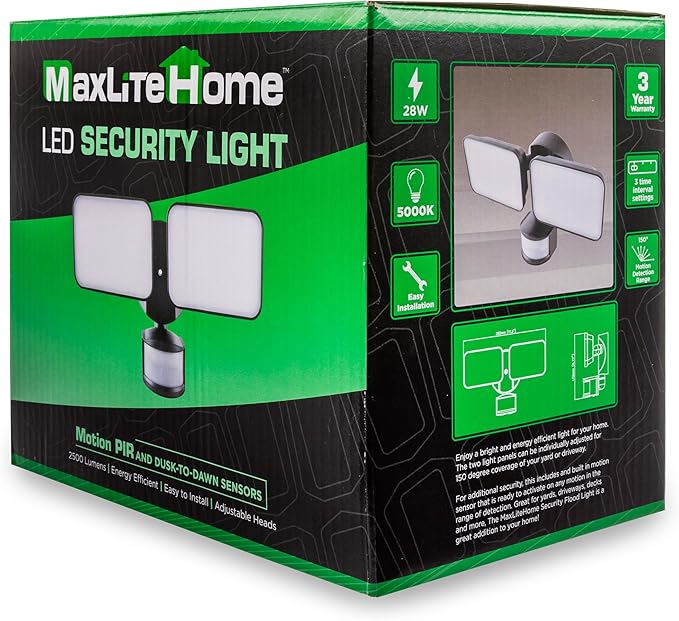 Maxlite Home MSL2HL LED Motion Sensor Security Light - Black Finish 2500 Lumens Flood Light Spot Lights Outdoor PIR Motion Sensor Dusk to Dawn Outdoor Lighting Exterior Lighting Fixtures