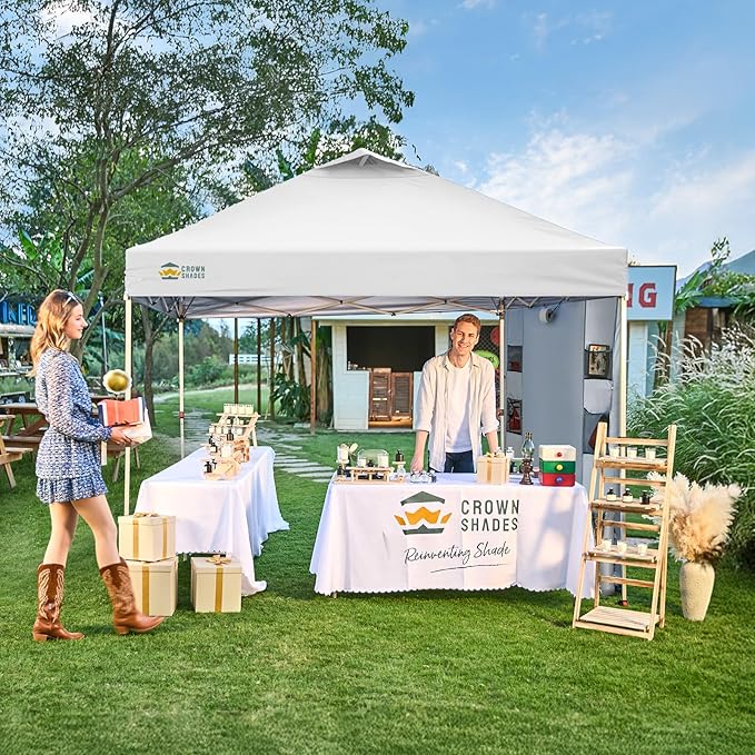 CROWN SHADES Canopy Tent 10x10 Pop Up Canopy Outdoor Shade with Pockets Sidewall Easy Up Sun Shelter with One Person Set Up Center Lock Portable Instant Camping Beach Canopy Tents Grid White
