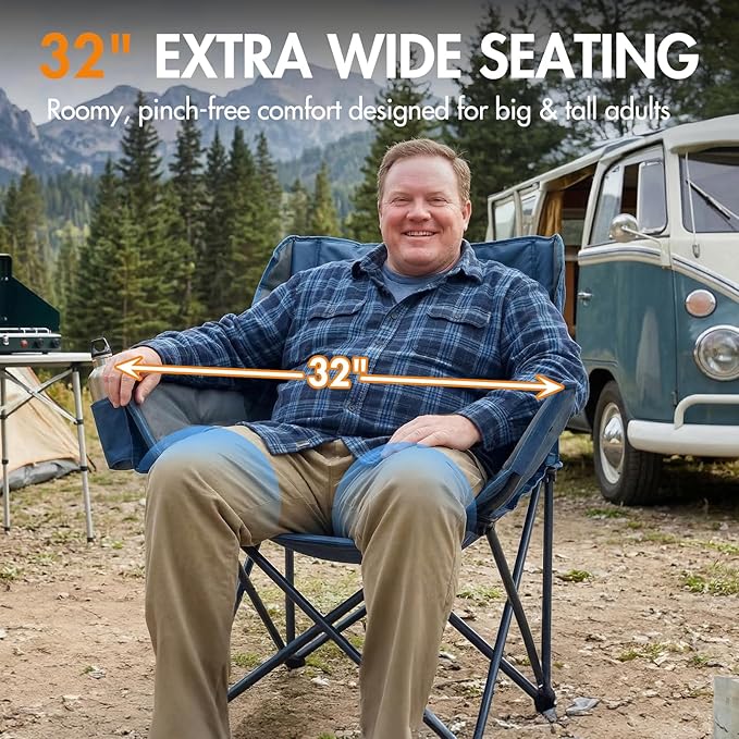 Portal 32 Oversized Camping Chair Foldable Heavy Duty 350 lb Padded Ergonomic Seat for Big &amp Tall Adults Pinch-Free Extra Wide Design Featuring Cup Holder &amp Carry Bag for Fishing Lawn &amp