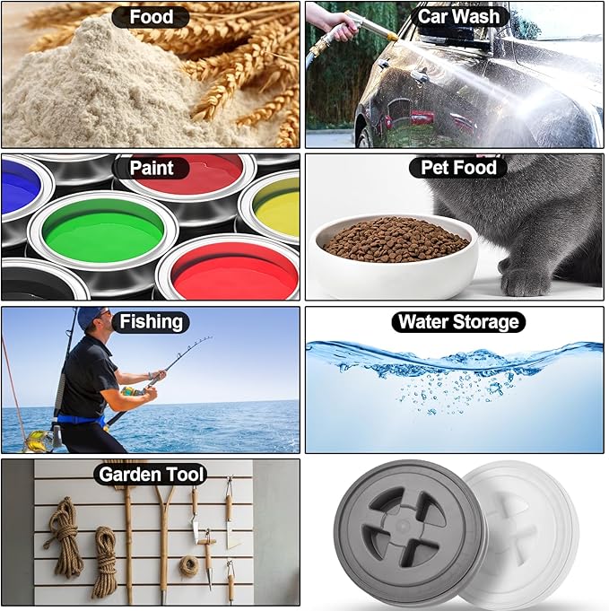 4 Pieces 5 Gallon Gamma Seal Lids Food Grade Leak-Proof Buckets Lids Plastic Screw Pail Lid for Pet Food Storage Chicken Feeders Paint Storage Compatible with Gamma (White+Grey)