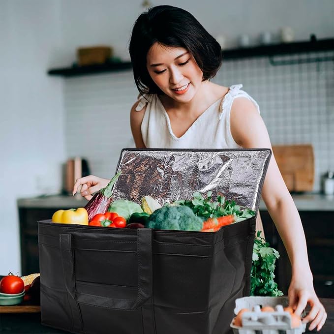 Black Insulated Food Delivery Bag. Insulated Grocery Bags with Zippered Top. Foldable Catering Bag for Food Deliveries. Heavy Duty Cold Bags for Groceries