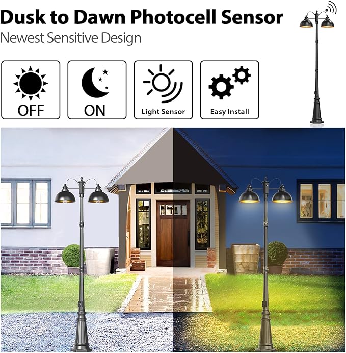 Dusk to Dawn Outdoor Lamp Post Lights with OutletDouble-Head Farmhouse Street Light FixtureAluminum Exterior Black Pole LightsWaterproof Lantern Lamp Outdoor Lighting for GardenPatioPathway